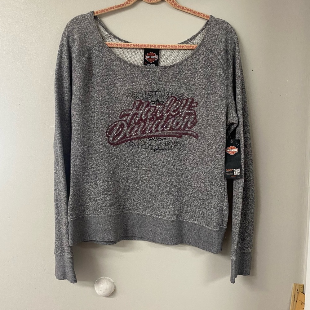 NET HARLEY DAVIDSON BOAT NECK TERRYCLOTH EMBELLISHED SWEATSHIRT SZ XL